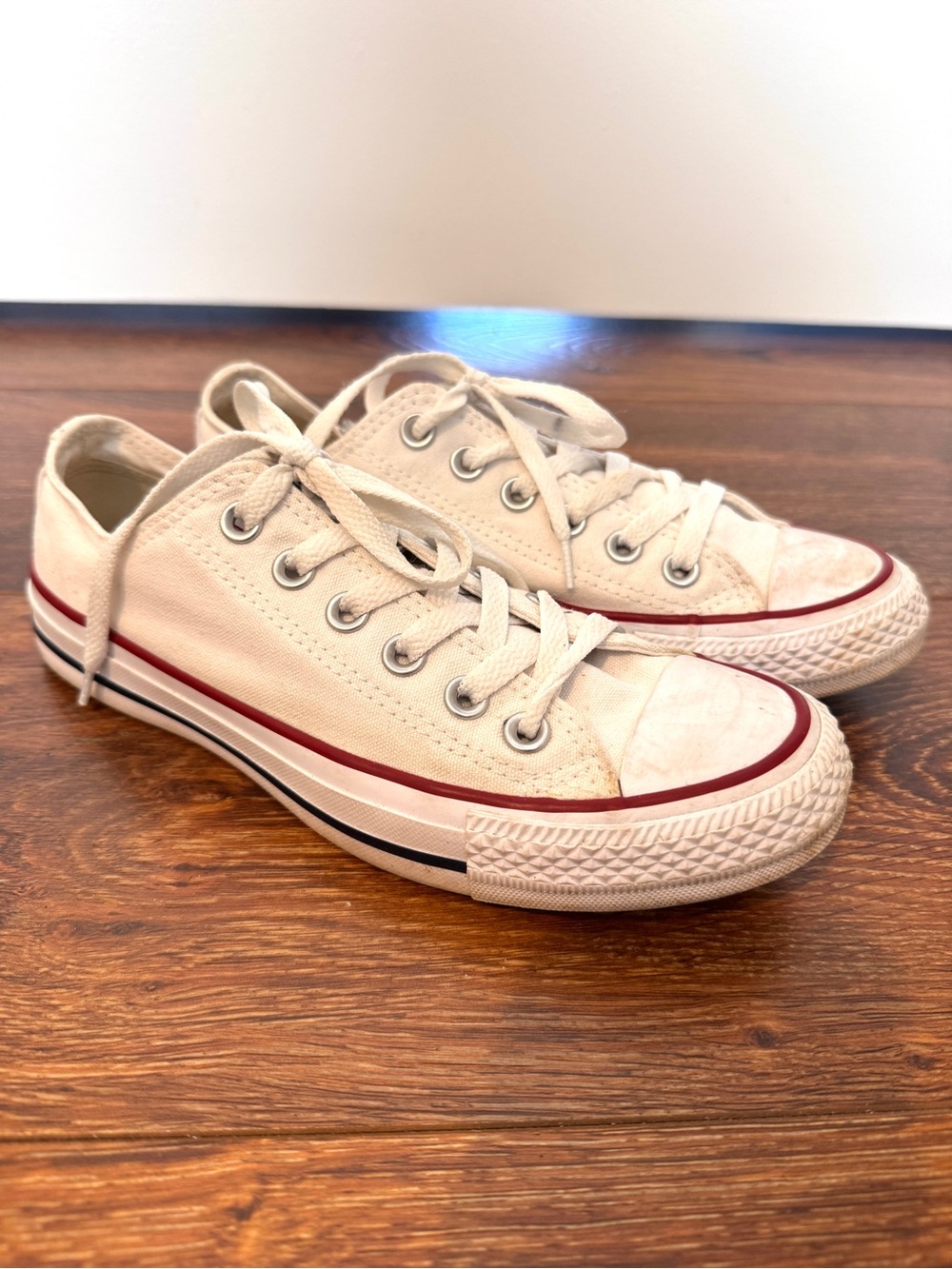 Converse All Star Women’s Low-Top Canvas Sneakers in Off-White with Red Accent